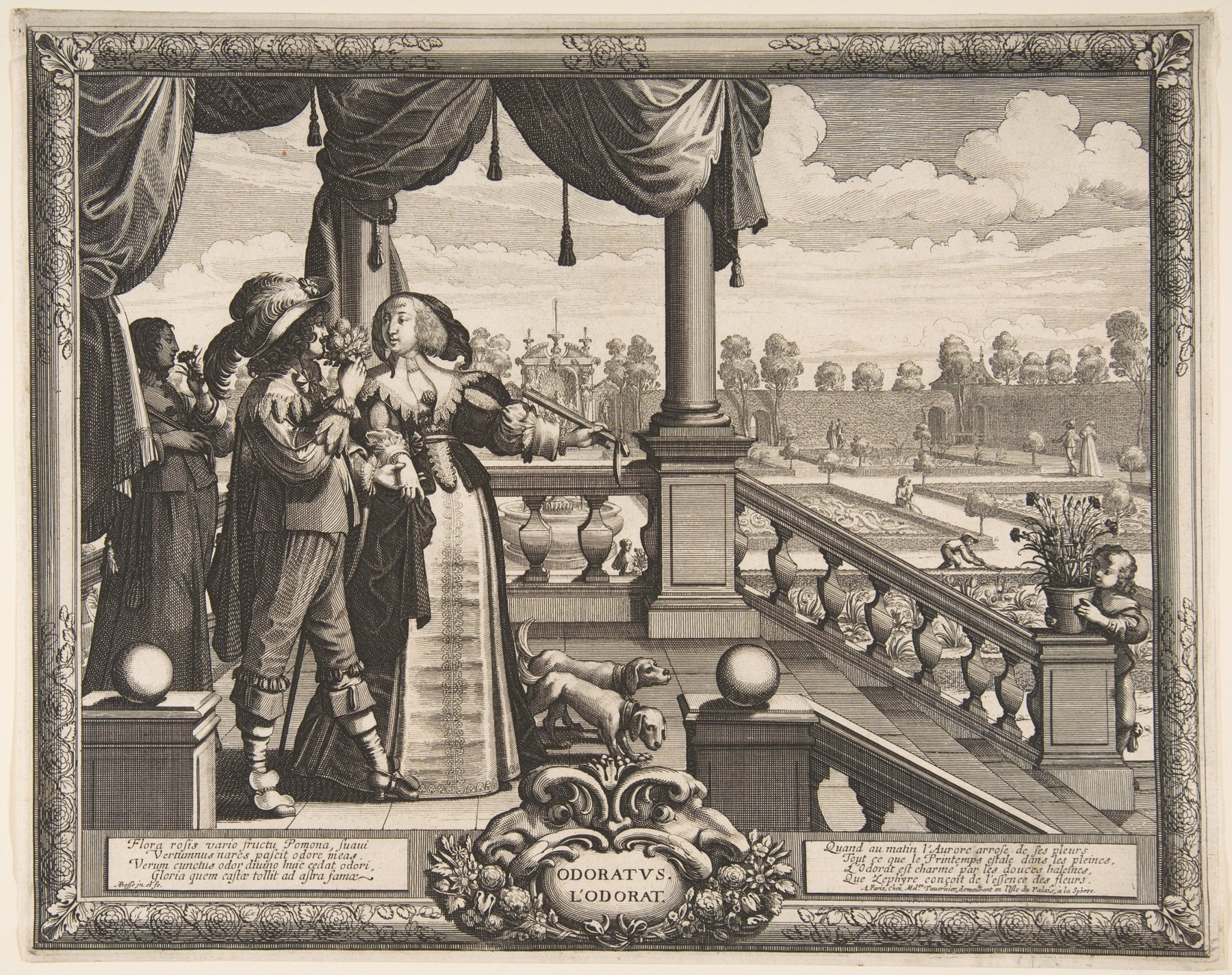 Abraham Bosse, L'Odorat: đôi nam nữ ăn mặc sang trọng ngửi hoa trên sân thượng nhìn xuống vườn, hai con chó dưới chân