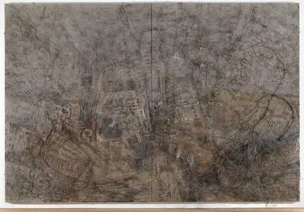 Anselm Kiefer, Lilith: toan lớn hai tấm phủ sơn dầu và tro xám, hình đô thị São Paulo nhìn từ trên cao, có dây đồng gắn trên mặt tranh