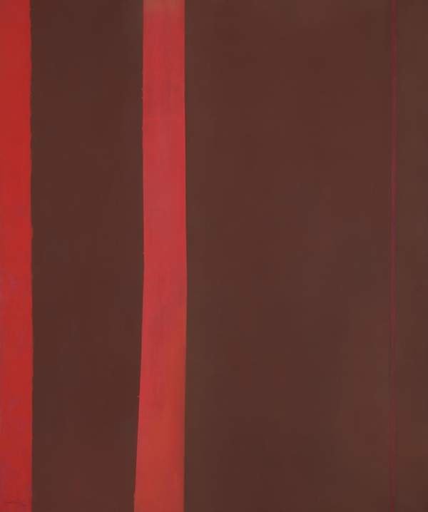Barnett Newman, Adam: bức tranh khổ lớn nền nâu đất với ba dải đỏ dọc, một dải mảnh bên phải
