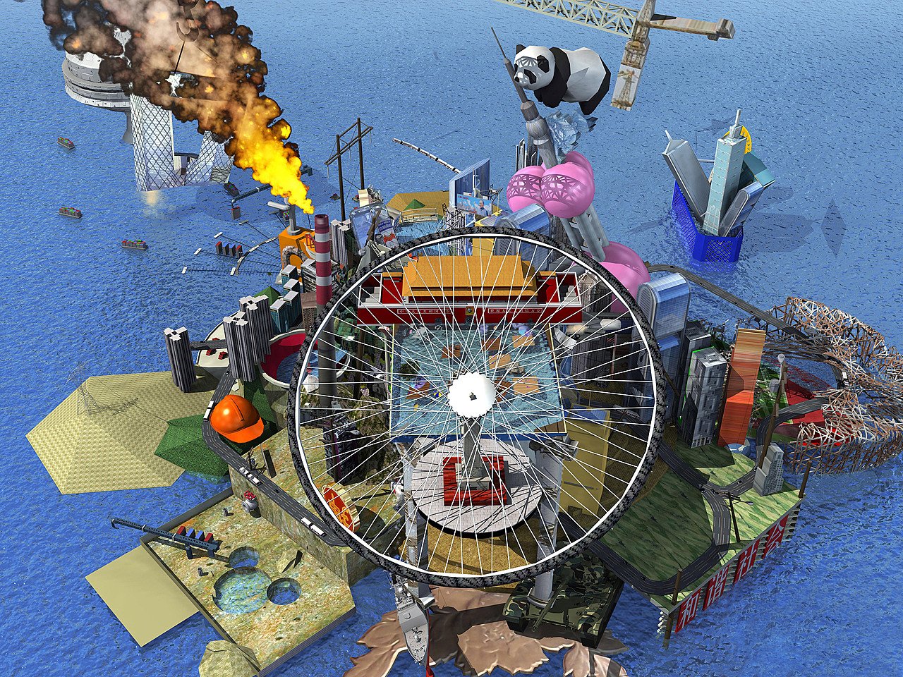 ツァオ・フェイ「RMB City: A Second Life City Planning by China Tracy」。水に浮かぶ島の上に、建物が折り重なる仮想都市