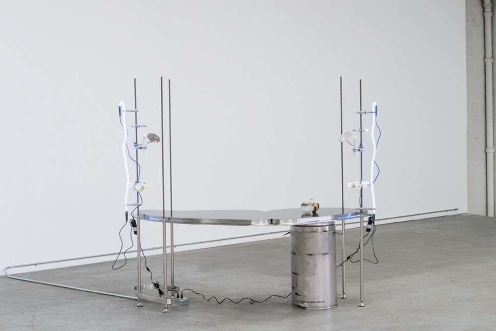 Elaine Cameron-Weir, Sentry Tactical Like Prey with Evolutionary Eyes of a Predator on the Wing 2: khối thép và terrazzo với vỏ sò, đèn neon, nến dầu và lá mica