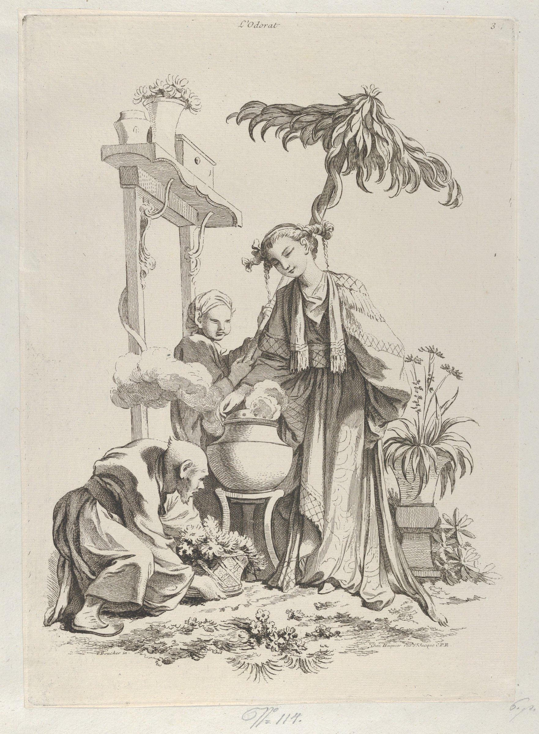 François Boucher, L'Odorat: tranh khắc chinoiserie, thiếu nữ cúi về phía cái bình bốc khói, ông lão quỳ dâng giỏ hoa