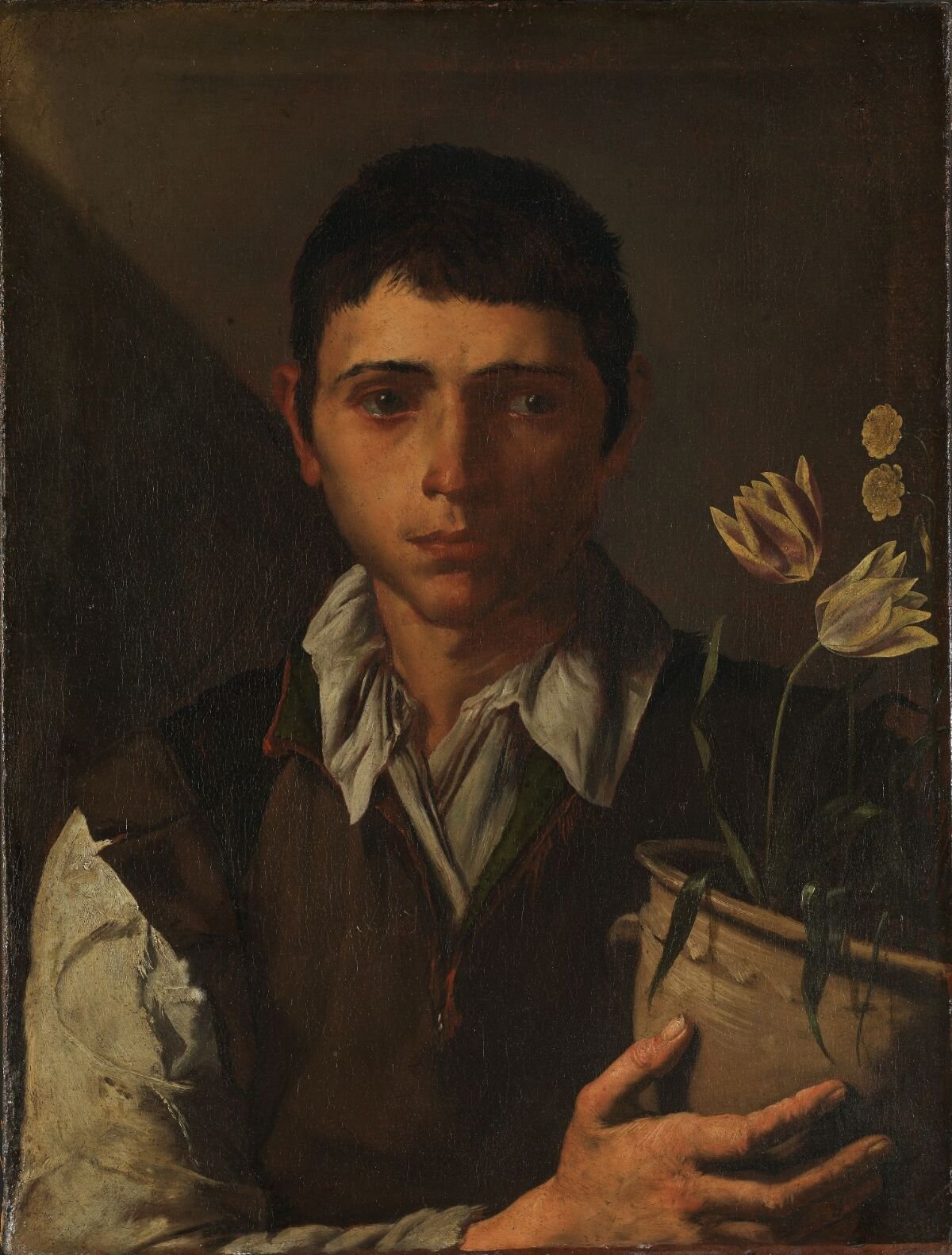 Jusepe de Ribera, Boy with a Pot of Flowers. The Sense of Smell: cậu bé áo sờn ôm chậu gốm có hoa tulip trên nền tối