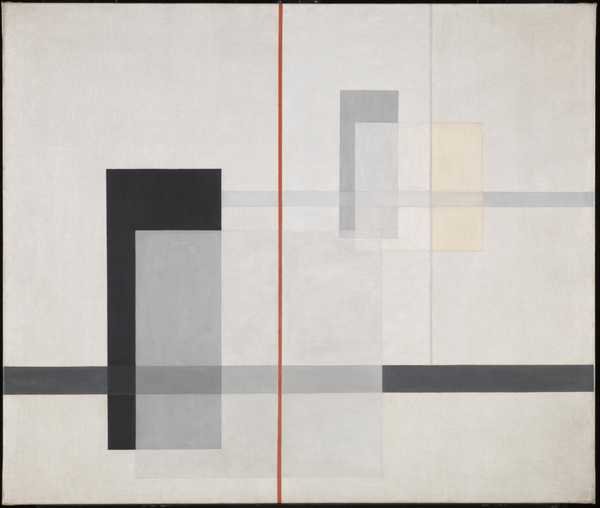 László Moholy-Nagy「K VII」：淡い地の上で重なり合う、透明な幾何学的な棒と面