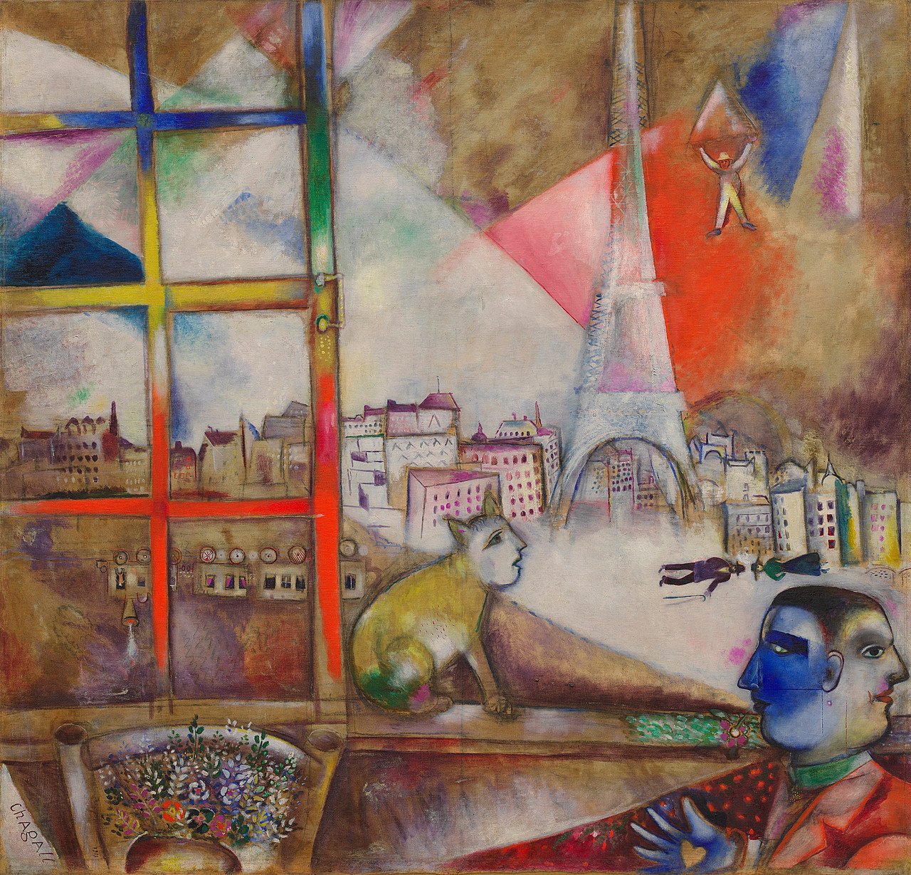 Marc Chagall, Paris through the Window: người đàn ông hai mặt màu xanh và con mèo mặt người trước khung cửa sổ nhiều màu, phía sau là tháp Eiffel và một người nhảy dù