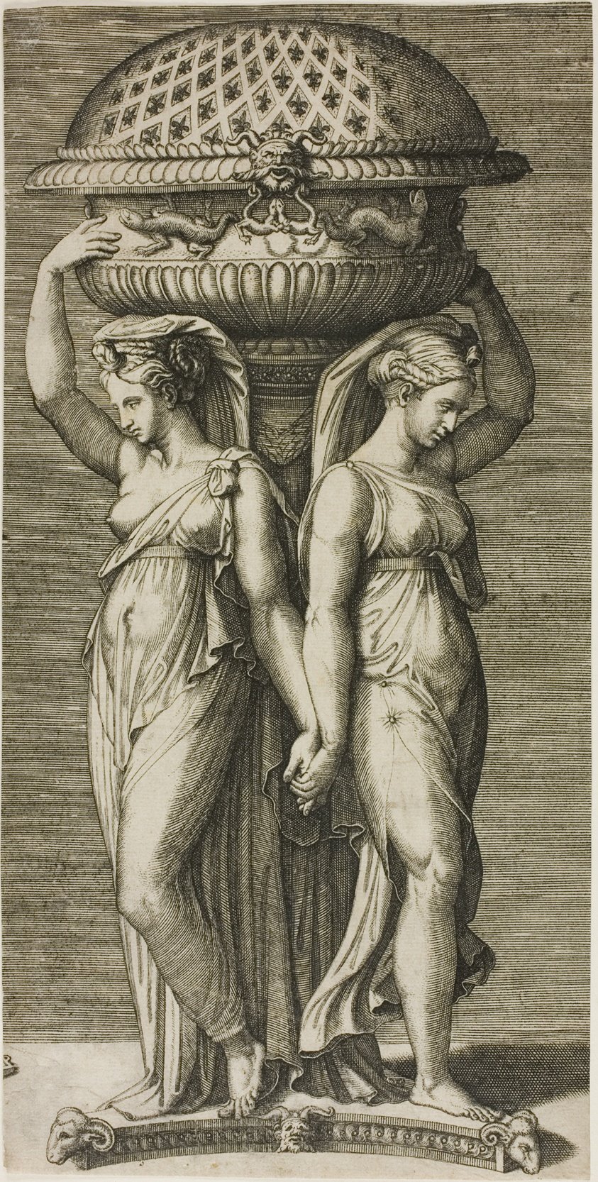 Marcantonio Raimondi theo Raphael, The Incense Burner: bản khắc mực đen, lư hương lớn do hai thiếu nữ mặc áo cổ điển nâng đỡ