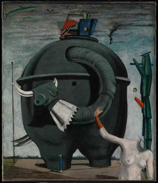 Max Ernst, Celebes: sinh vật khổng lồ như nồi hơi có vòi, bên cạnh một hình người không đầu giơ tay, hai con cá bơi trên trời