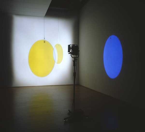 Olafur Eliasson, Yellow versus Purple: đĩa kính lọc màu treo trong phòng tối, hắt bóng vàng và vệt sáng tím lên tường