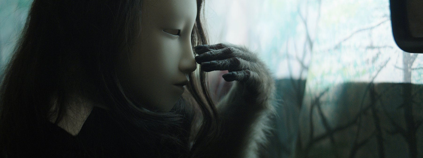 Pierre Huyghe, Untitled (Human Mask): con khỉ đeo mặt nạ trắng và tóc giả trong quán rượu bỏ hoang