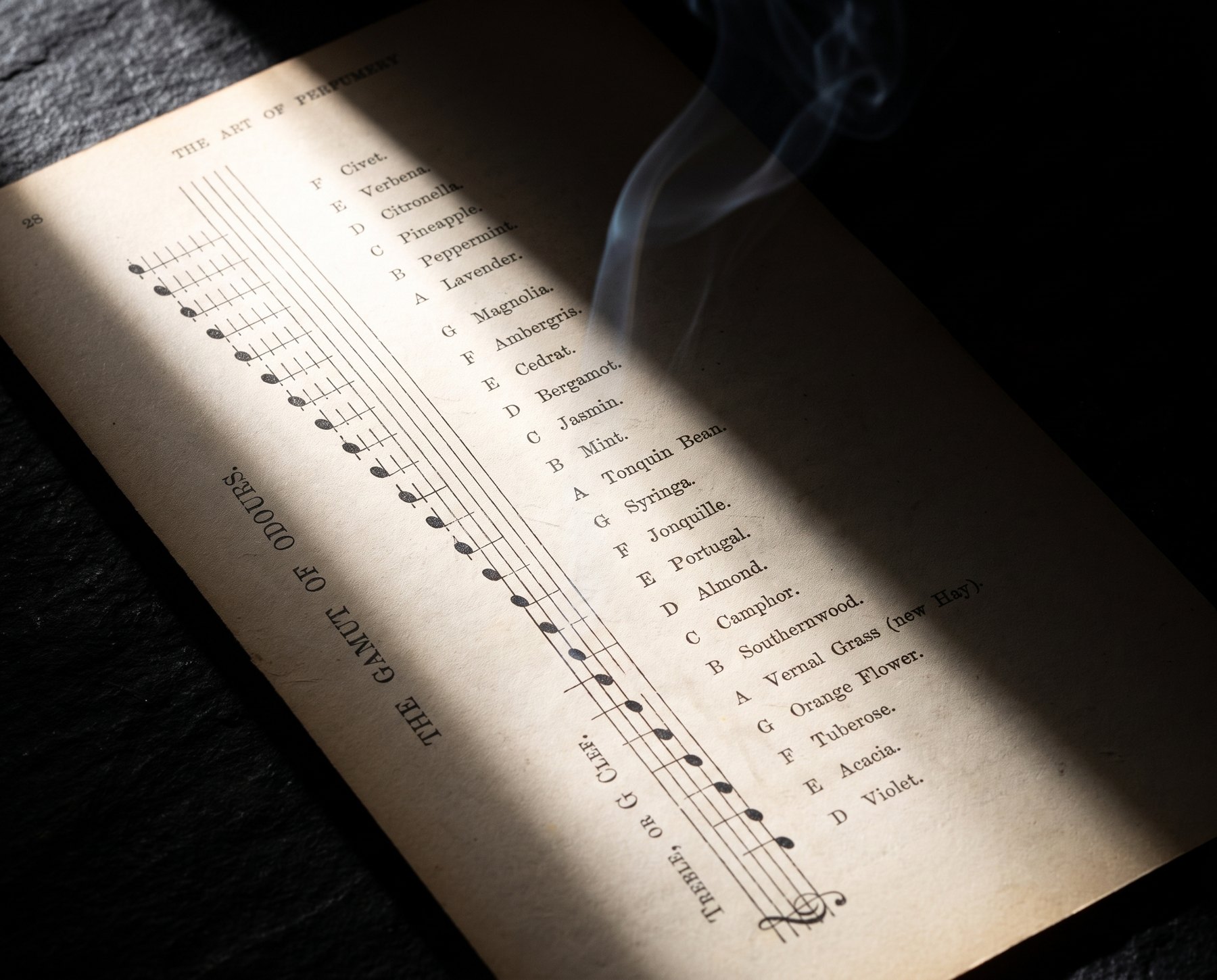 「The Art of Perfumery」（1862年）の二段の五線譜に印刷された、ピエスの香りの音階