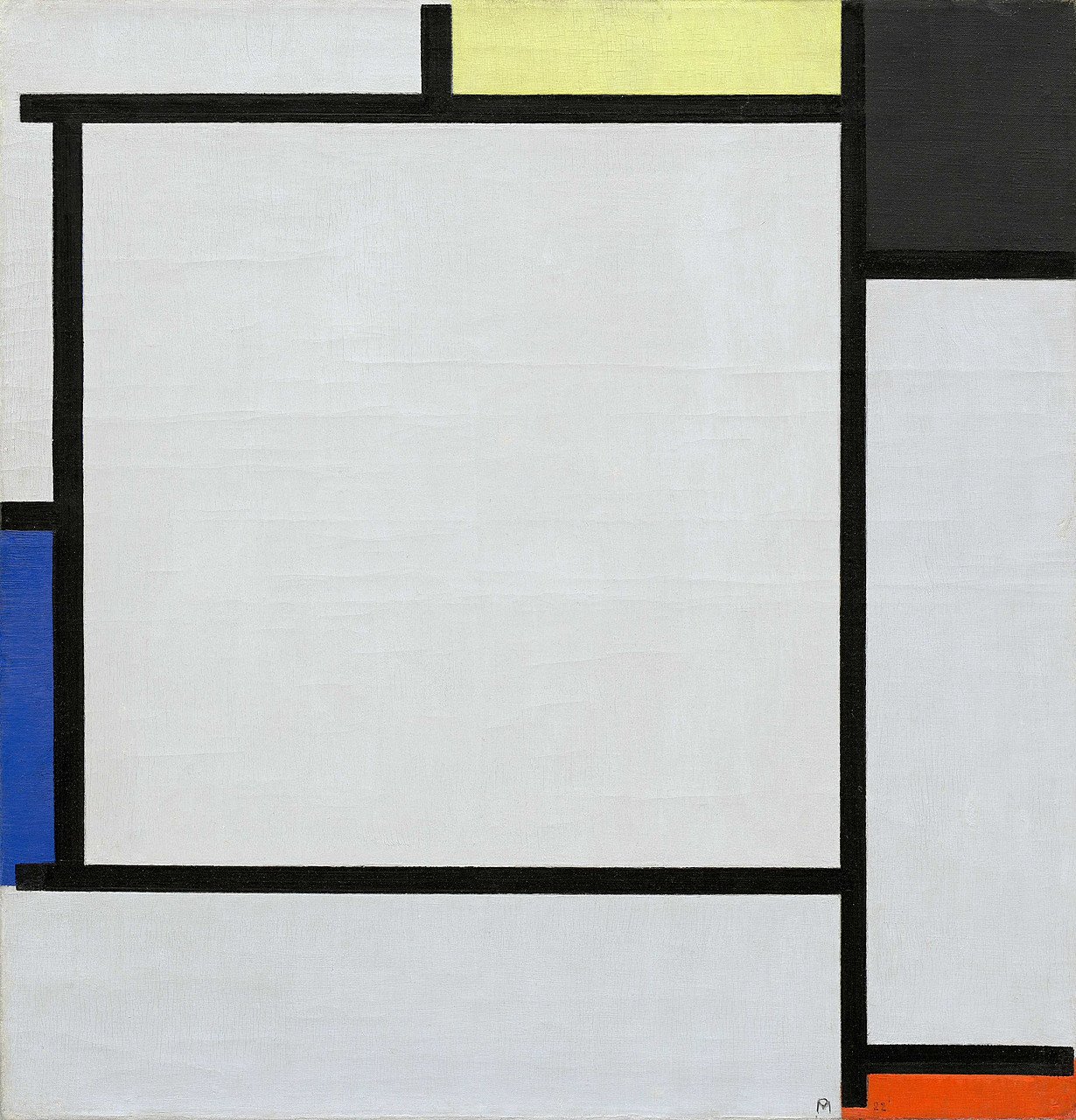 Piet Mondrian, Tableau 2: tấm toan gần vuông với lưới đường đen ngang dọc chia các ô đỏ, vàng, xanh, xám và trắng