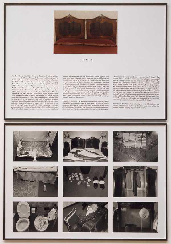 Sophie Calle, The Hotel: ảnh chụp đồ đạc của khách trong một phòng khách sạn ở Venice, đặt cạnh văn bản ghi chép
