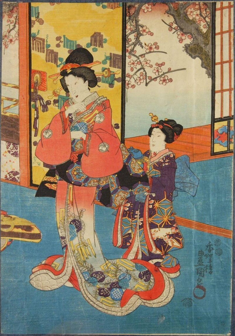 Utagawa Kunisada, Ka ni sasou haru no tsumeoto: bộ ba tranh khắc gỗ màu nishiki-e năm 1849 về mùi xuân và tiếng đàn koto