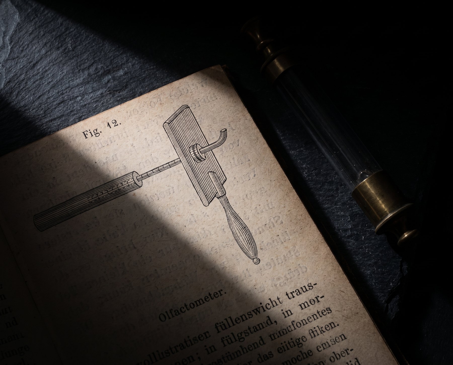 Hình vẽ chiếc olfactometer trong Die Physiologie des Geruchs của Zwaardemaker năm 1895